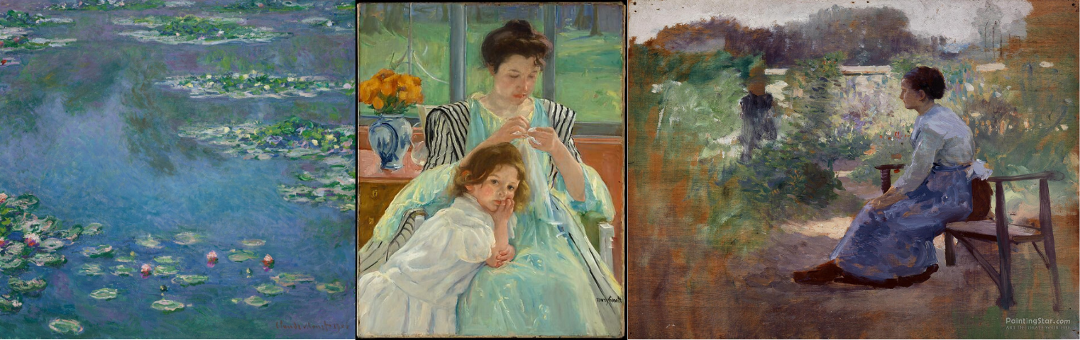 Three paintings in a row by Monet, Mary Cassatt, and Eliphalet Frazer Andrews 