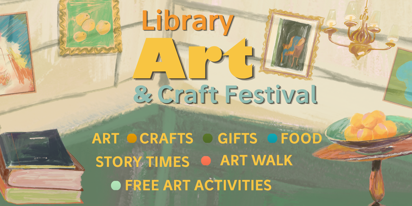 a collage of paintings, stylized to show a room filled with art advertising library art festival