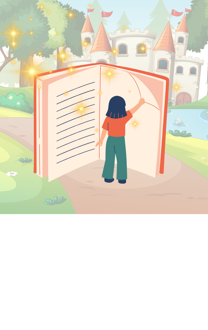 girl standing in front of lifesize book turning a page in front of a castle
