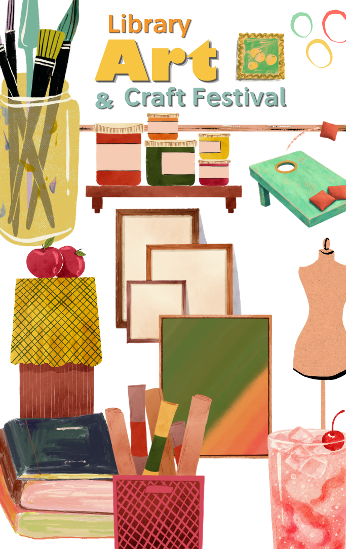 images of hand drawn painting supplies, art materials, and creative elements to represent a blend of arts and crafts