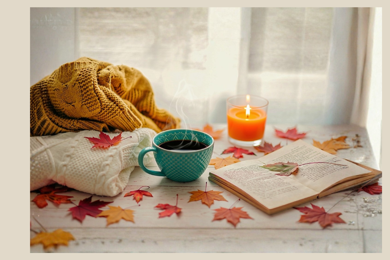 sweaters on a table scattered with leaves, a cup of coffee, and a candle creating a cozy fall environment