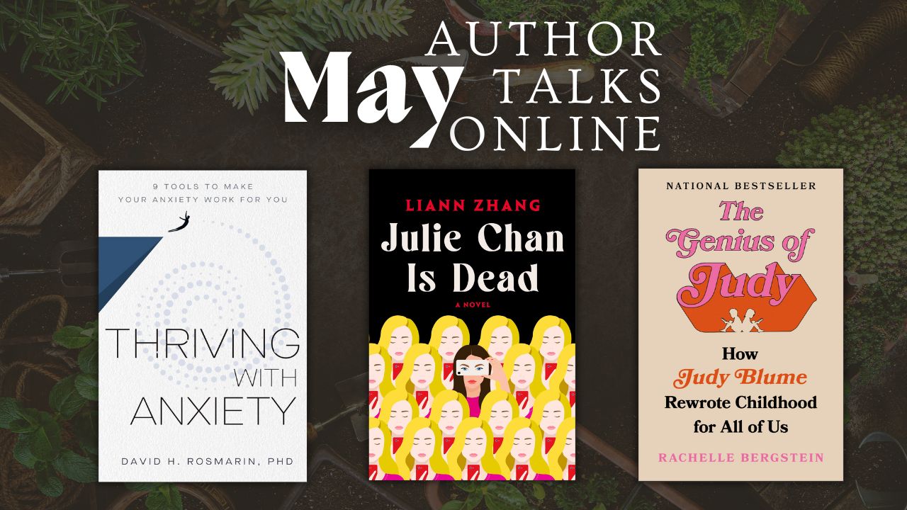 banner for May author talks with book covers